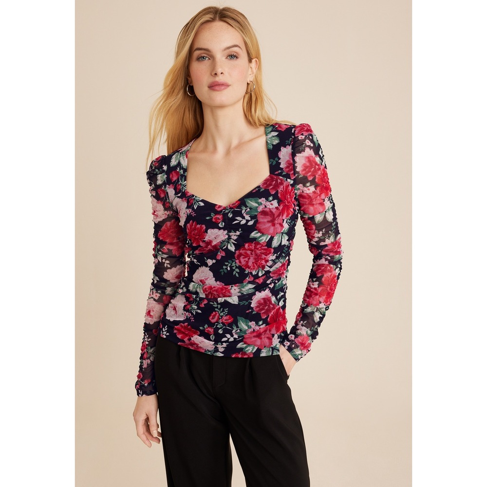 Maurices Floral Mesh Ruched Long Sleeve Top Sweetheart Neck Romantic Bloom M⁠‎